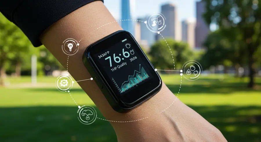 A futuristic wearable device on a wrist, displaying environmental data like air quality, temperature, and UV index.