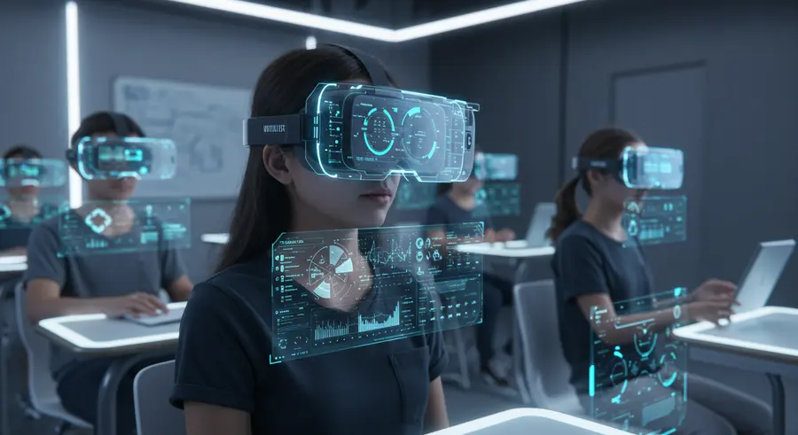 Students using wearable tech in a modern classroom setting.